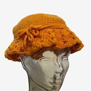 Sunflower Yellow Crochet Bucket Hat 18 Inch Vintage 1960s Granny Core Handmade